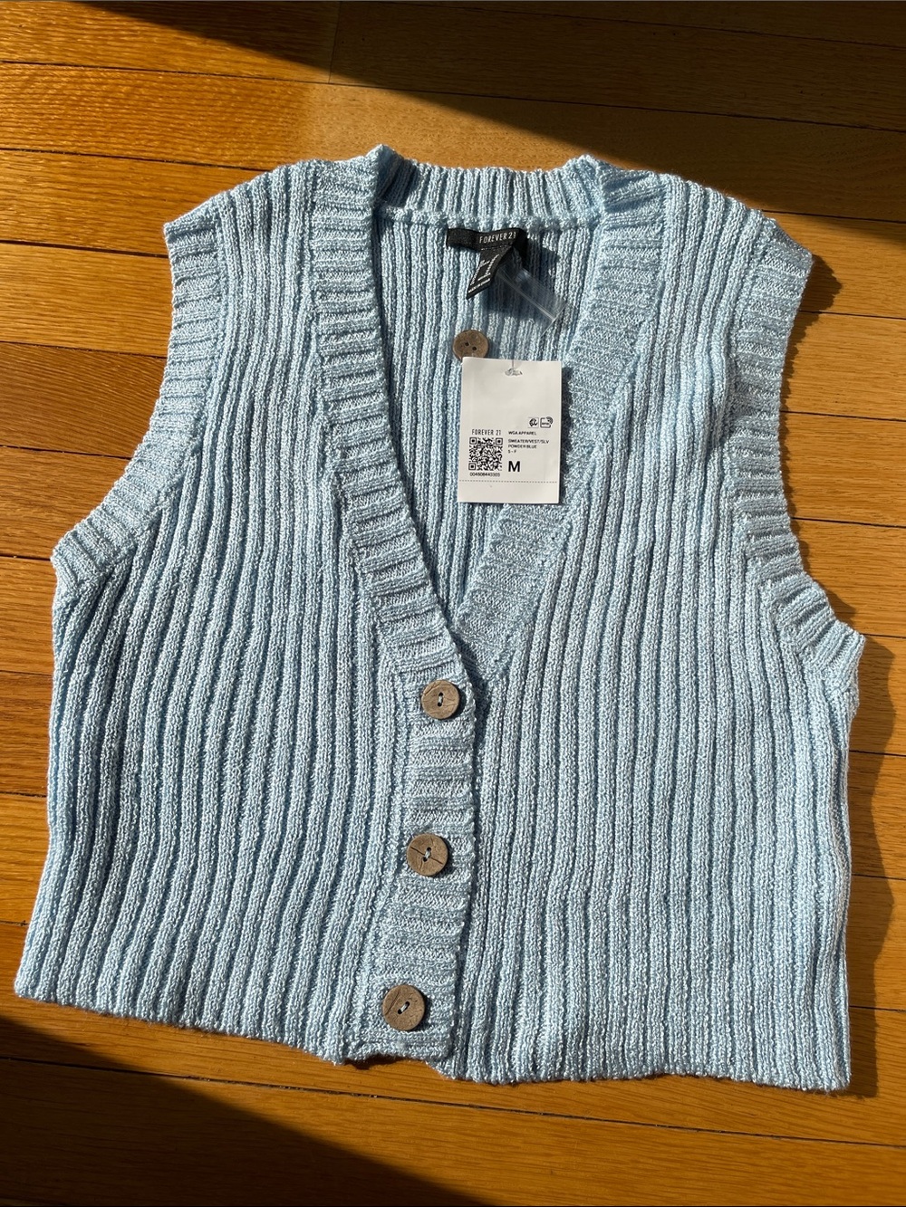 Forever 21 Pale Blue Ribbed Knit Button-Front Sweater Vest